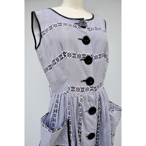 50s 60s Checkered Floral Dress LARGE POCKETS Pleated Pin Up Rockabilly S M - Picture 10 of 10